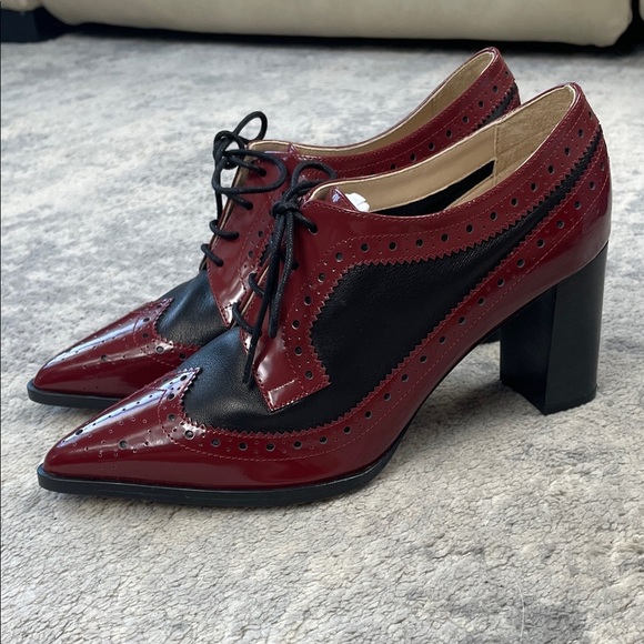 New L’Agence Elodie Pump Heeled Lace Up Oxford Preppy Academia Red Black 6 - Picture 2 of 11